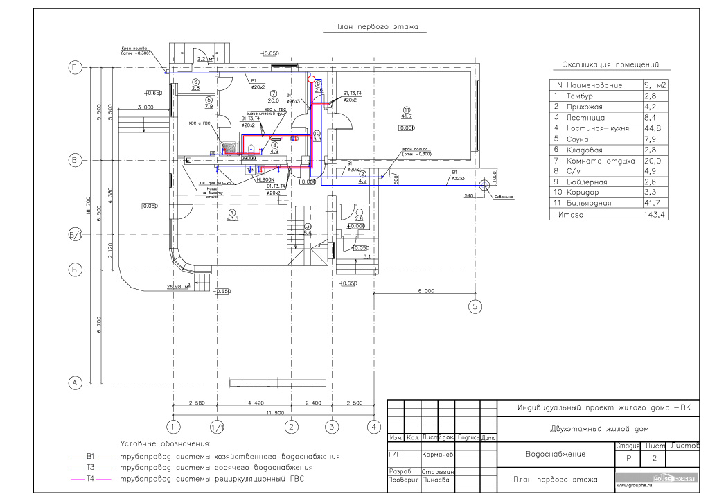 План первого этажа, водоснабжение. Раздел ВК